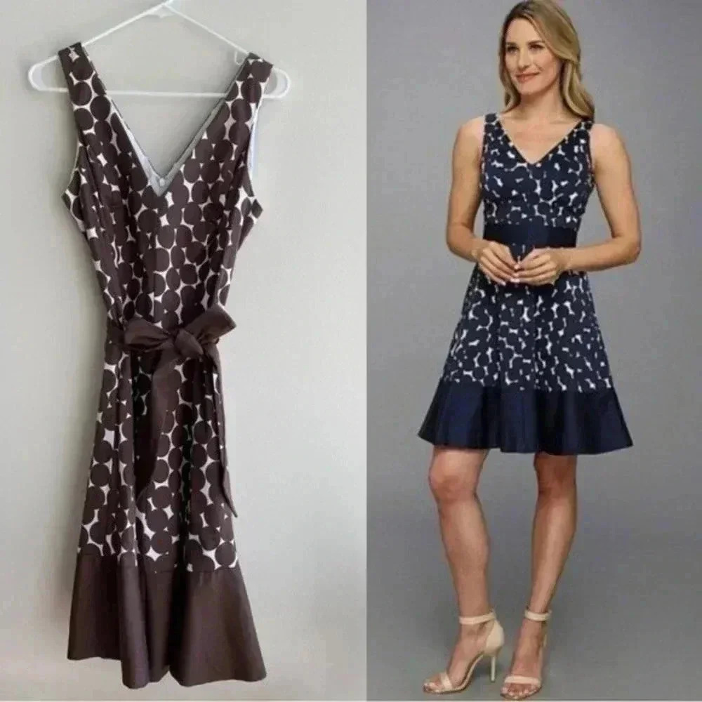 Nine West Brown and White Polka Dot Fit & Flare Dress, Belted Dress, Size 12